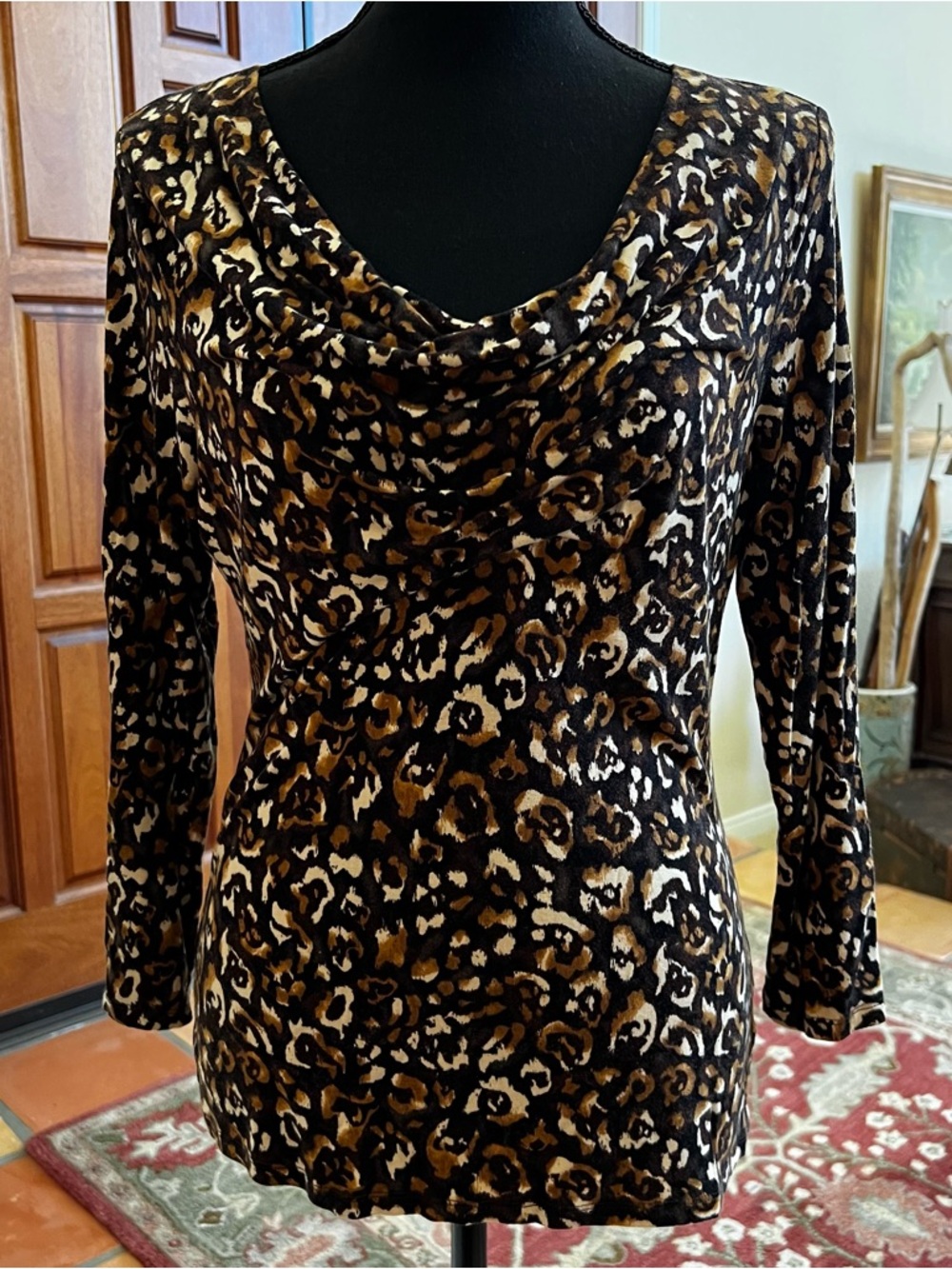 Michael Kors Women's Cowl Neck Long Sleeve Top Rayon Spandex Animal Print Large